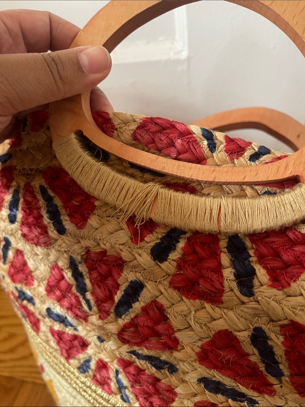 Antik Kraft Handwoven Floral Straw Raffia Jute Tote in Red, Mustard & Navy - Picture 6 of 11